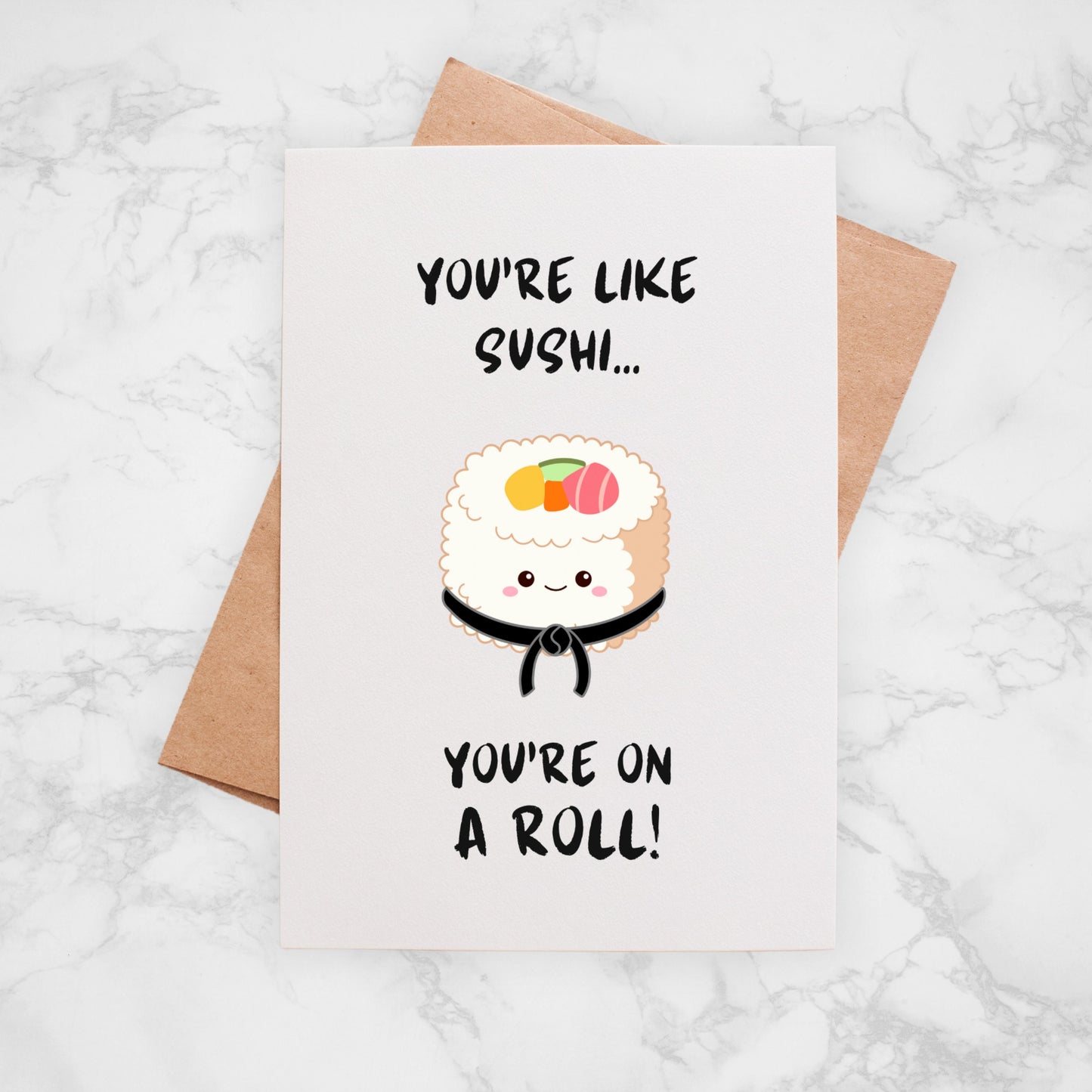 Congrats Karate BJJ Black Belt Greeting Card, Cute Jiu Jitsu, You're Like Sushi You're On A Roll