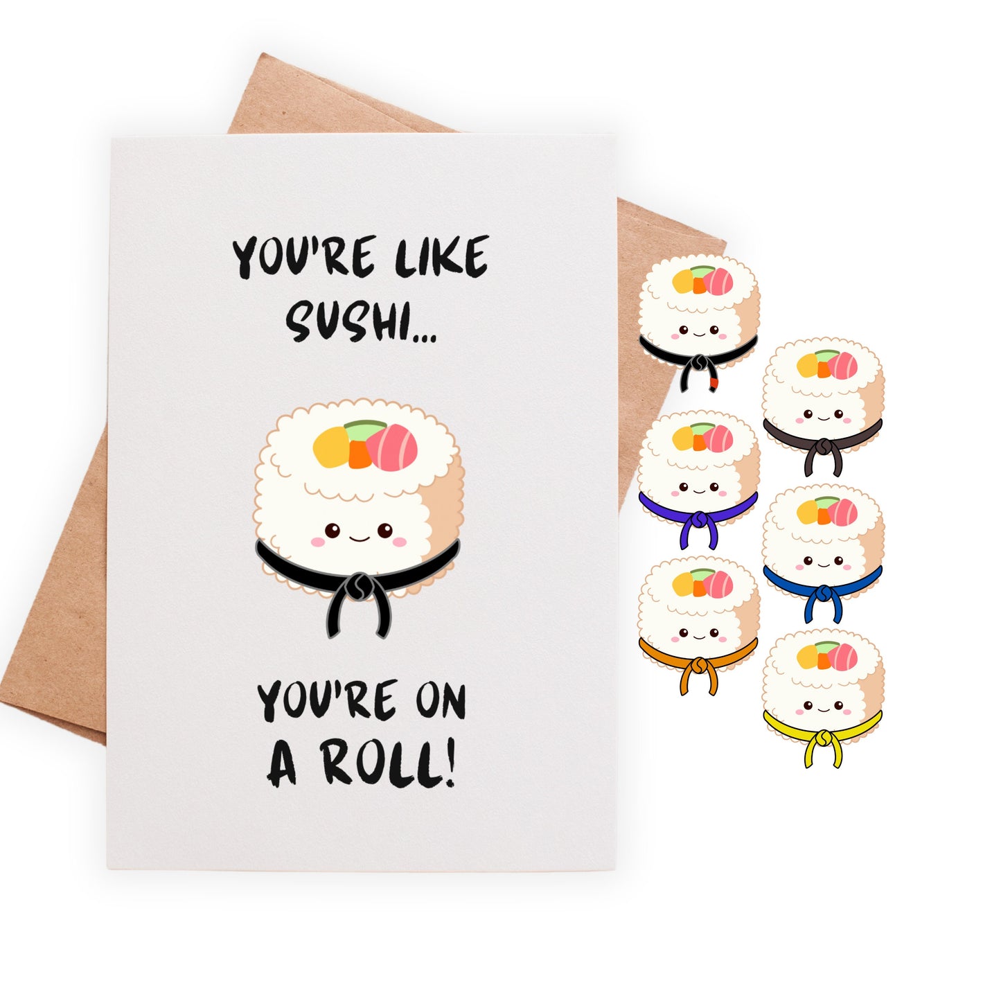 Congrats Karate BJJ Black Belt Greeting Card, Cute Jiu Jitsu, You're Like Sushi You're On A Roll