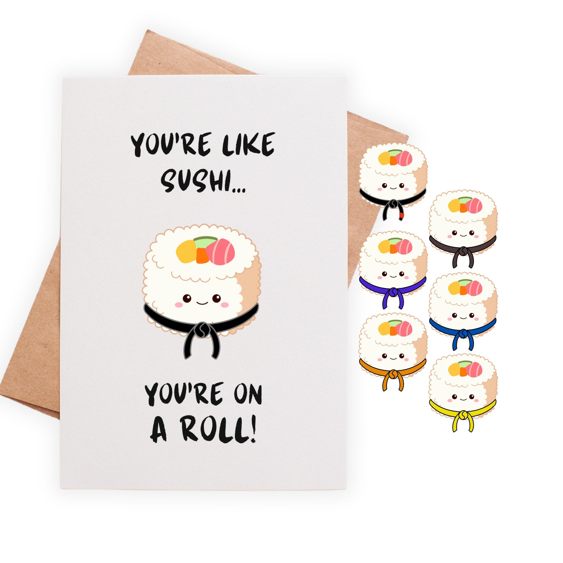 Congrats Karate BJJ Black Belt Greeting Card, Cute Jiu Jitsu, You're Like Sushi You're On A Roll