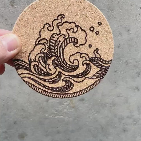 Asian Wave Cork Coaster Set, Martial Arts Gift Idea, Gift For Sensei, Engraved Cork