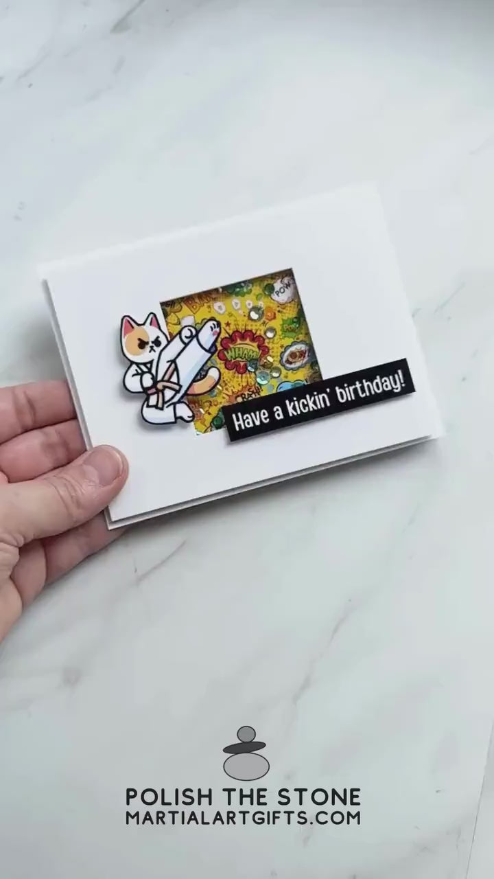 Happy Birthday Martial Arts Greeting Card,  Kicking Karate Shaker, Take Kwon Do Cute Kitty Cat