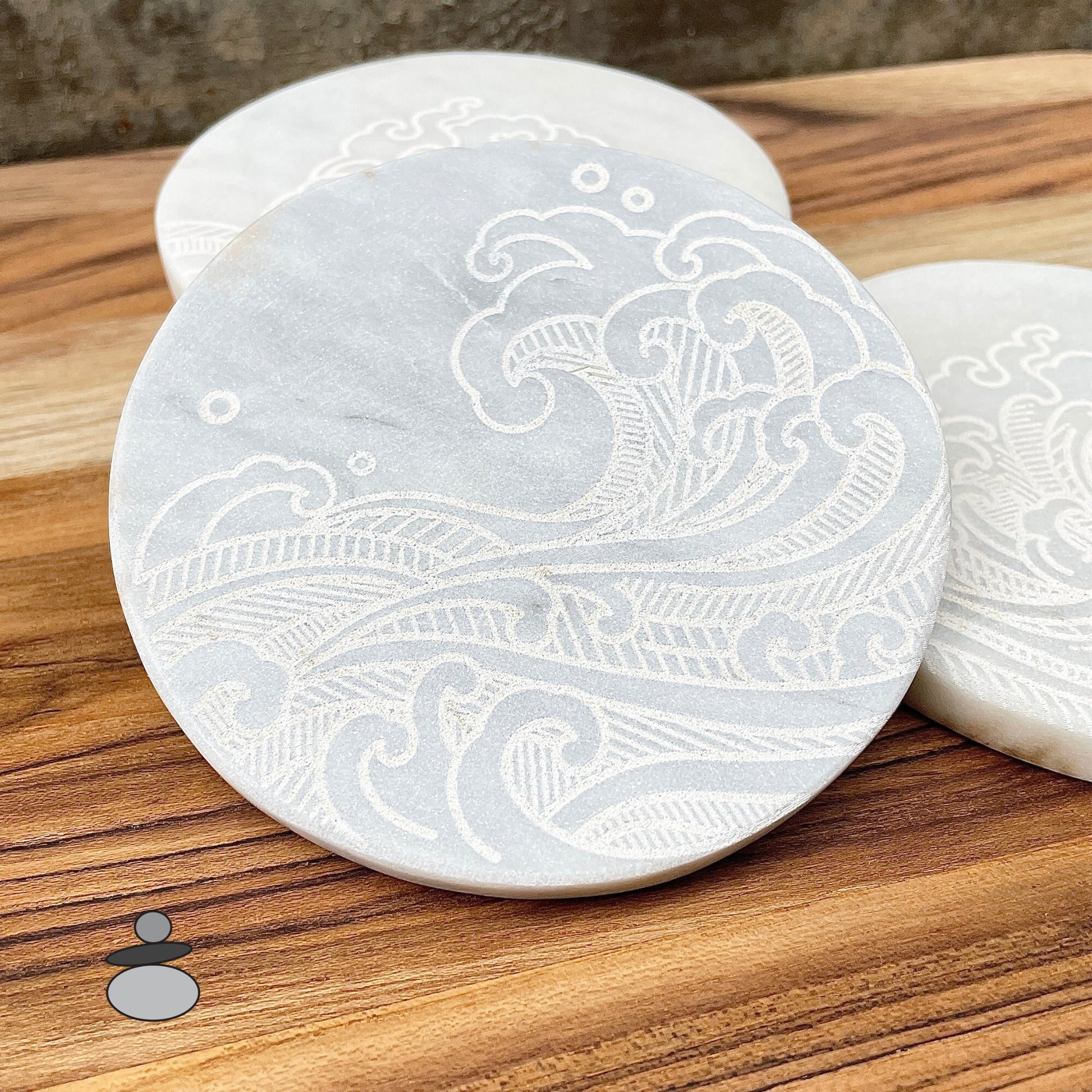Asian Wave Marble Coaster Set, Martial Arts Gift Idea, Gift For Sensei, Engraved Marble