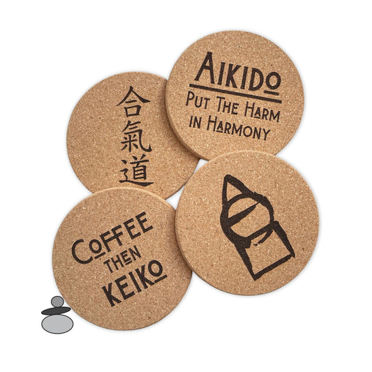 SET OF FOUR AIKIDO THEMED cork coasters. Aikido calligraphy, Coffee then Keiko, Aikido Put the harm in harmony, triangle/circle/square symbol engraved on cork.