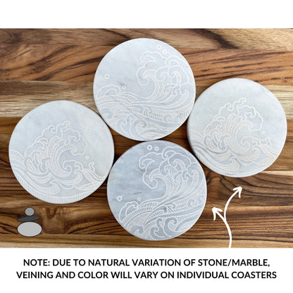 Asian Wave Marble Coaster Set, Martial Arts Gift Idea, Gift For Sensei, Engraved Marble