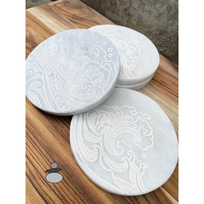 Asian Wave Marble Coaster Set, Martial Arts Gift Idea, Gift For Sensei, Engraved Marble