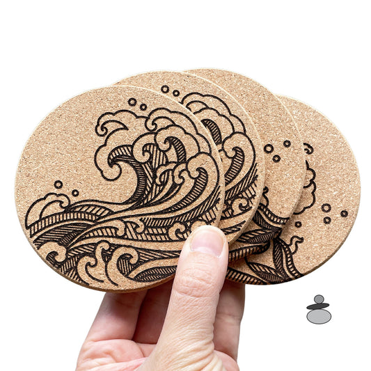 Asian Wave Cork Coaster Set, Martial Arts Gift Idea, Gift For Sensei, Engraved Cork