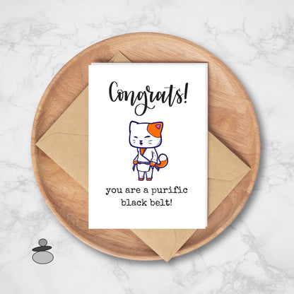 Congrats Kitty Cat New Black Belt Greeting Card, Cute Martial Arts Greeting Card, Brazilian Jiu Jitsu, Karate, Tae Kwon Do, Judo