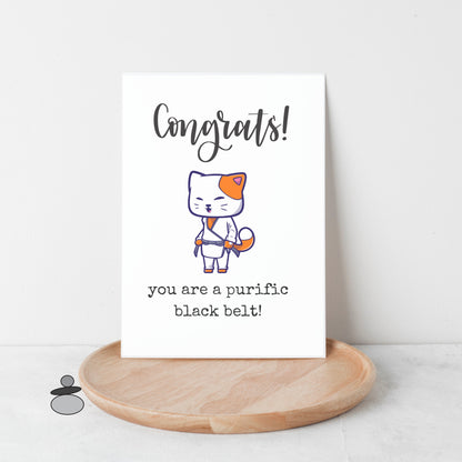 Congrats Kitty Cat New Black Belt Greeting Card, Cute Martial Arts Greeting Card, Brazilian Jiu Jitsu, Karate, Tae Kwon Do, Judo