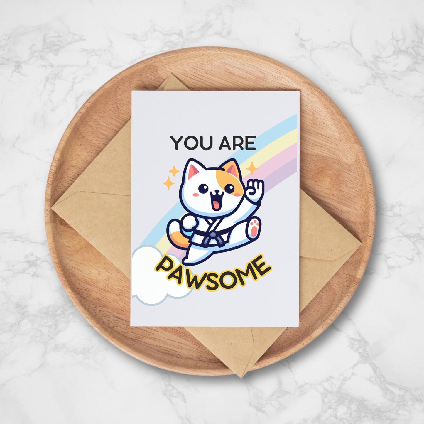 You Are Pawsome Karate Greeting Card, Cute Kitty Cat Taekwondo, Rainbow Encouragement