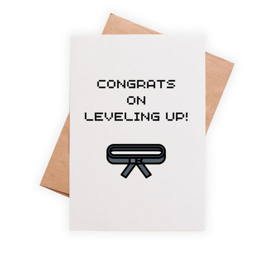 Congrats On Leveling Up Black Belt Greeting Card, Martial Arts Greeting Card, Karate Video Gamer