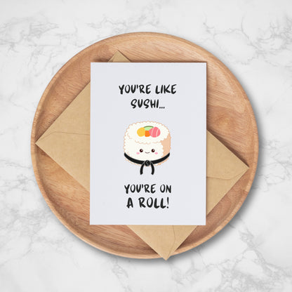 Congrats Karate BJJ Black Belt Greeting Card, Cute Jiu Jitsu, You're Like Sushi You're On A Roll