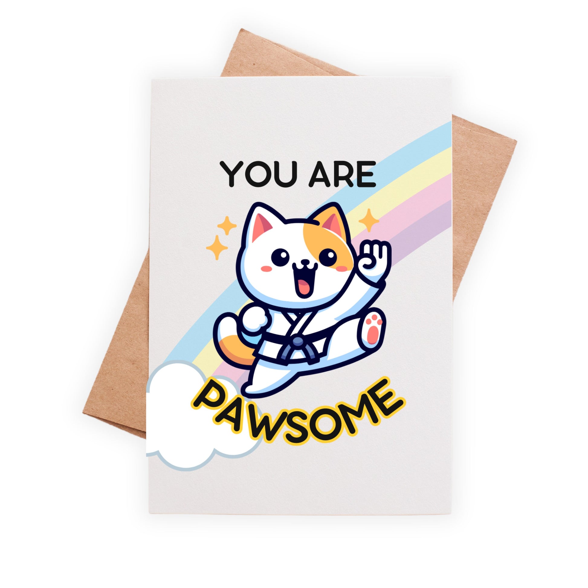 You Are Pawsome Karate Greeting Card, Cute Kitty Cat Taekwondo, Rainbow Encouragement