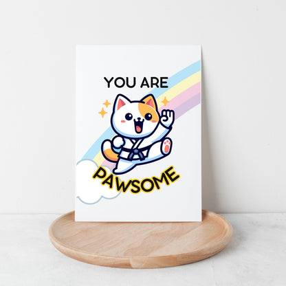 You Are Pawsome Karate Greeting Card, Cute Kitty Cat Taekwondo, Rainbow Encouragement