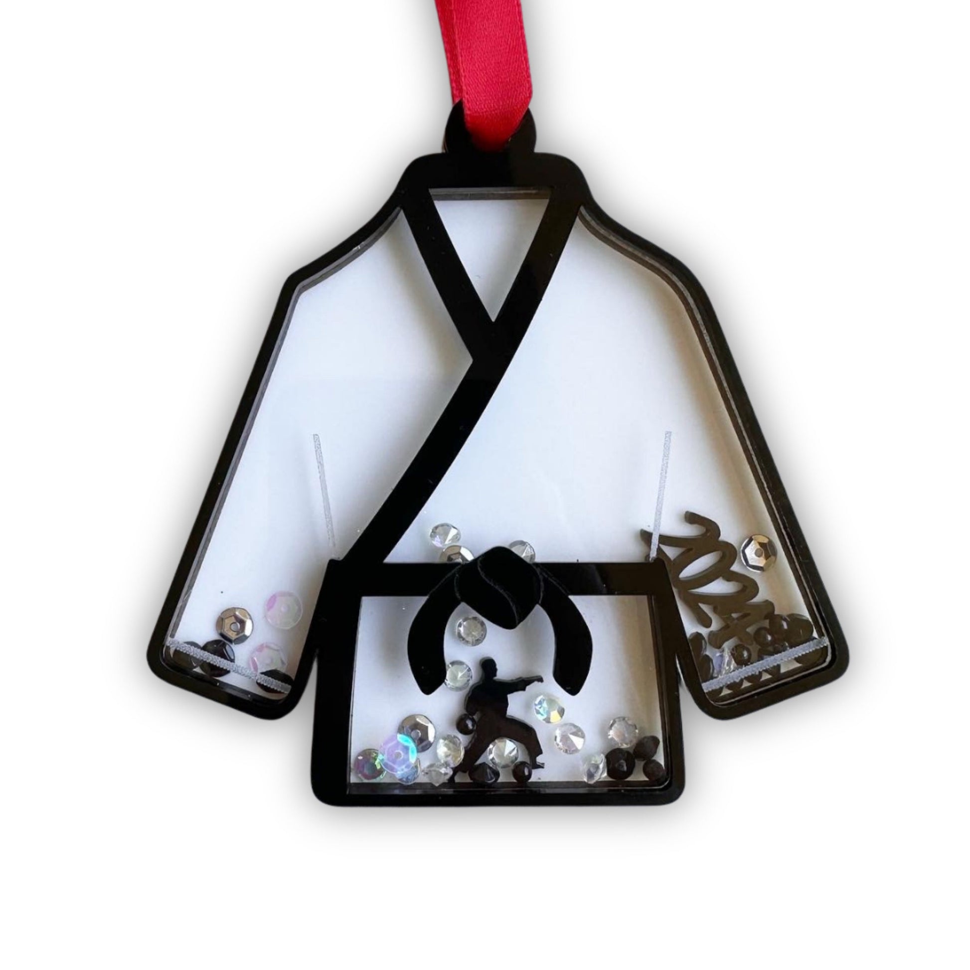 Tae Kwon Do Black Belt Shaker Ornament, Martial Arts 2024 Gift Idea, Gi Top with Girl or Boy Silhouette