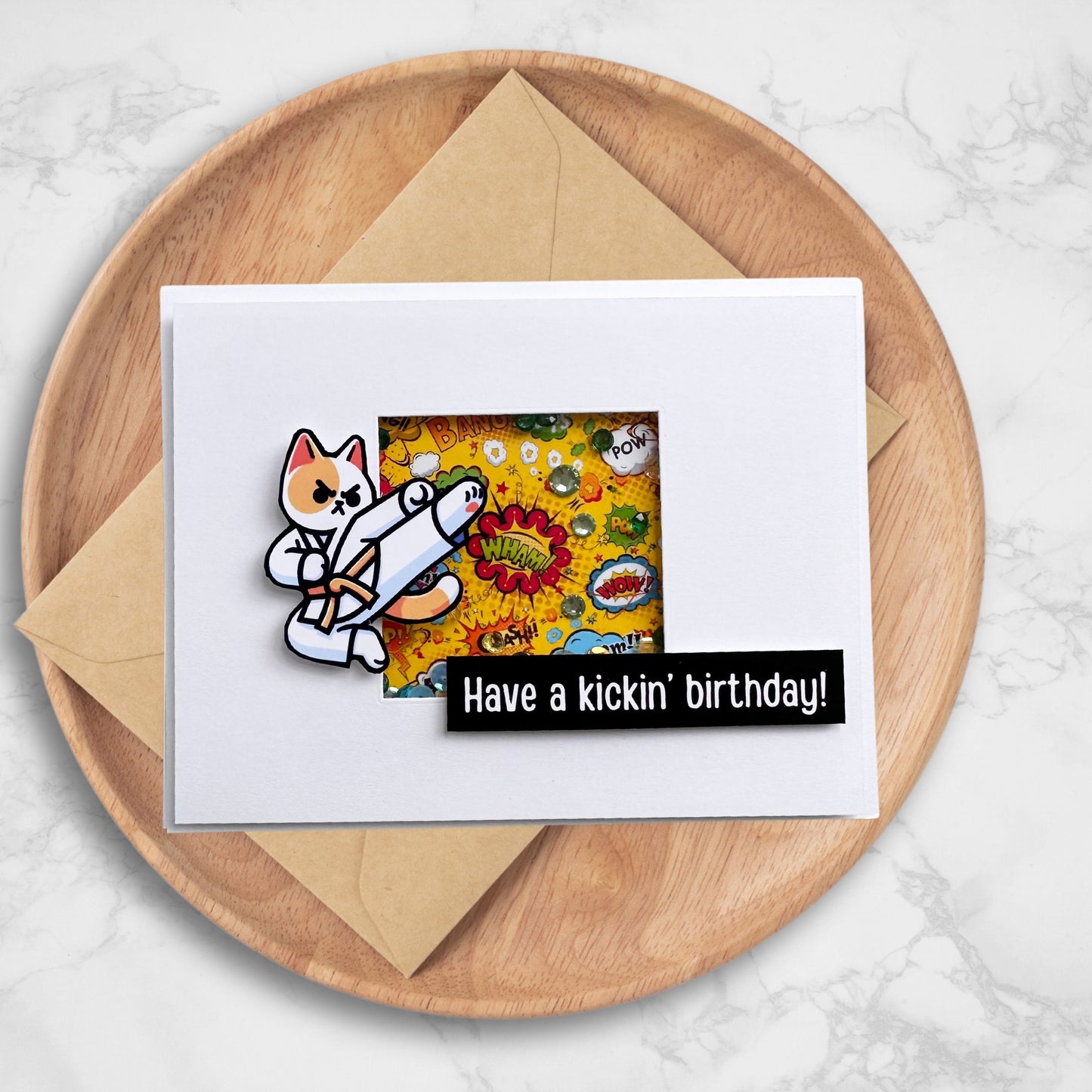 Happy Birthday Martial Arts Greeting Card, Kicking Karate Shaker, Take Kwon Do Cute Kitty Cat