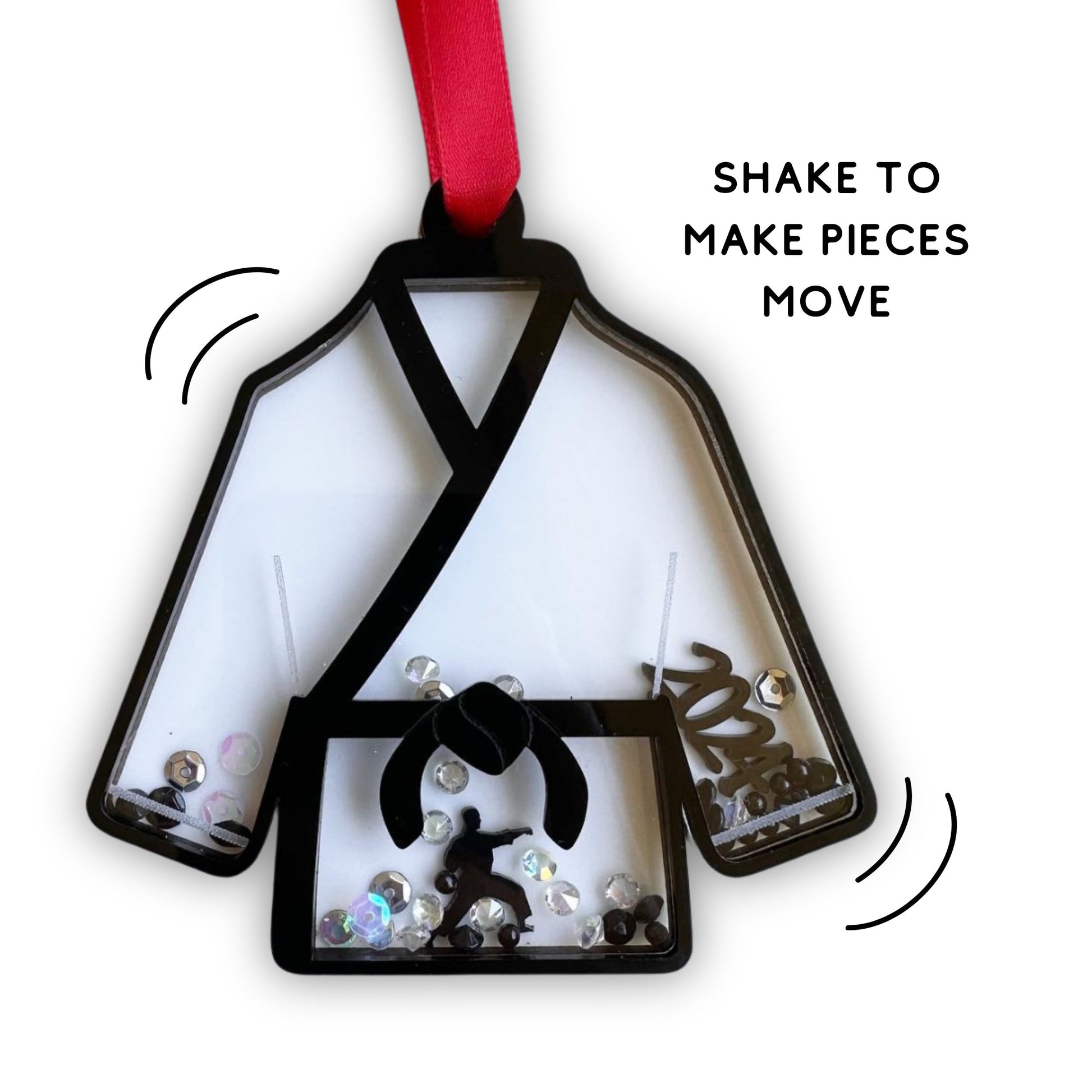 Tae kwon do Karate Gi top-shaped ornament with a black belt that is multilayered and has sequin, beads and boy or girl with year 2024 pieces.