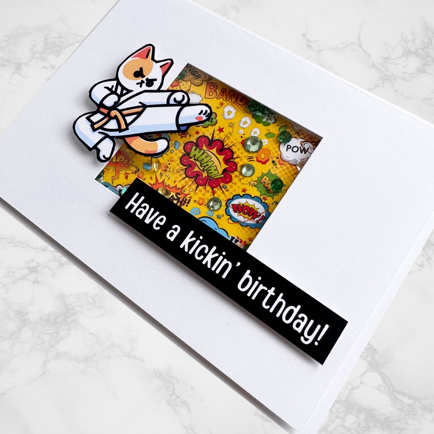 Happy Birthday Martial Arts Greeting Card, Kicking Karate Shaker, Take Kwon Do Cute Kitty Cat