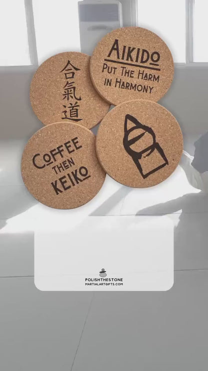 Aikido Coaster Set, Aikido Gift Idea, Gift For Sensei, Engraved Cork